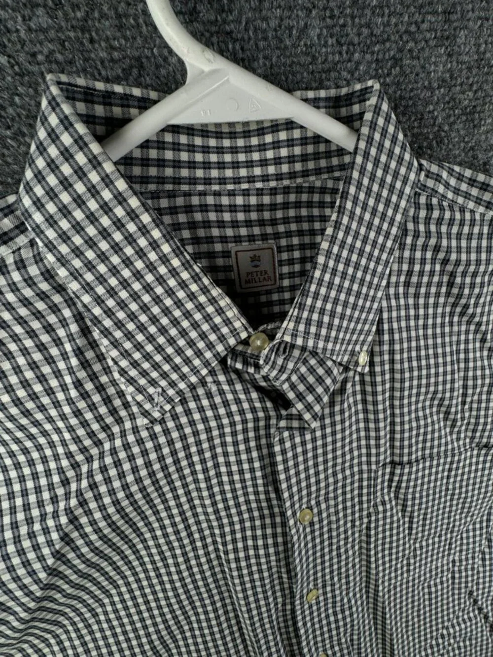 Peter Millar XL Long Sleeve Button Up Shirt Blue Ivory Check Cotton Men Adult *